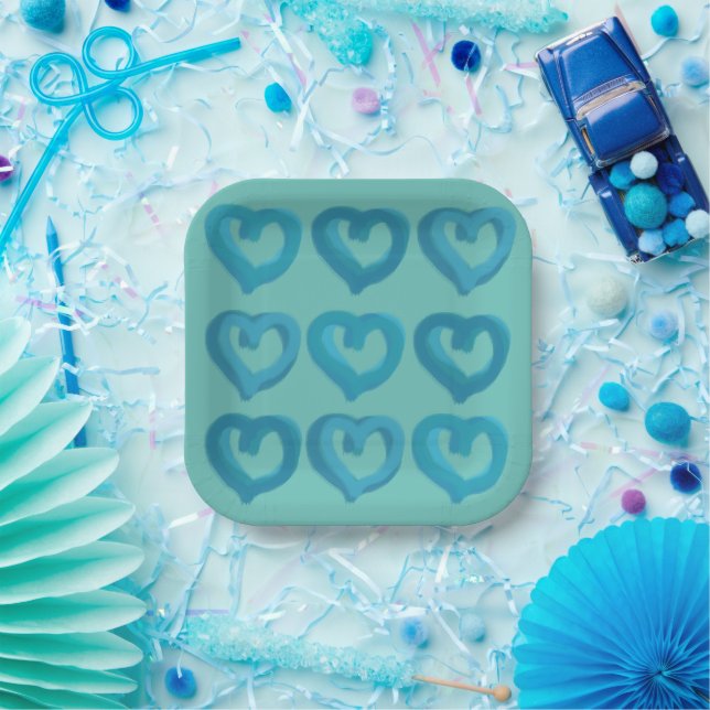 Blue Hearts on Any Background Colour Paper Plate (Party)