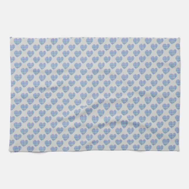 Blue hearts on pebble grey tea towel (Horizontal)