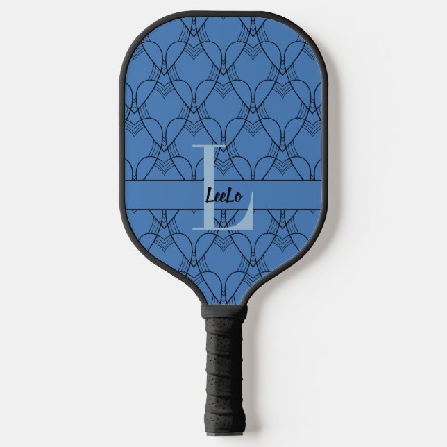 Blue Hearts Pattern Monogram and Name Custom Pickleball Paddle (Front)