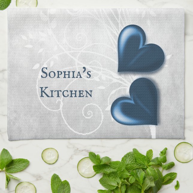 Blue Hearts Personalised Kitchen Towel (Folded)