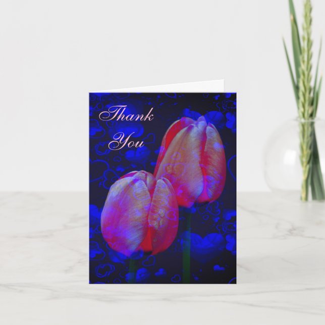 Blue Hearts Pink Tulips Thank You Card (Front)