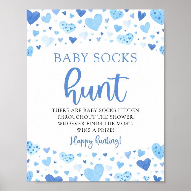 Blue Hearts Valentine Baby Socks Hunt Baby Shower Poster (Front)