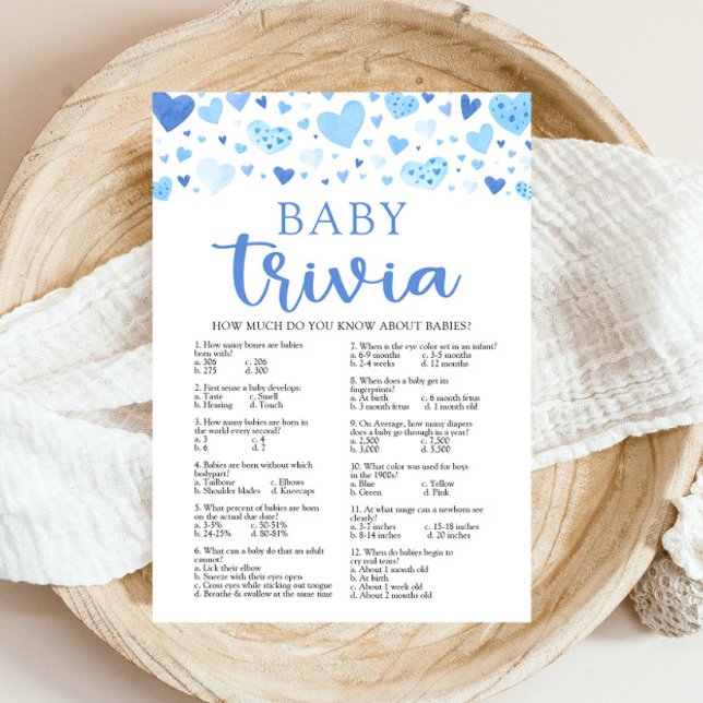Blue Hearts Valentine Baby Trivia Baby Shower Game Invitation (Watercolor Blue Hearts Valentine Sweetheart Heartbreaker February Boy Baby Trivia Baby Shower Game)