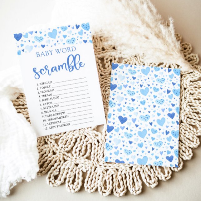 Blue Hearts Valentine Baby Word Scramble Game Invitation (Watercolor Cute Blue Hearts Valentine Sweetheart February Boy Baby Word Scramble Baby Shower Game)