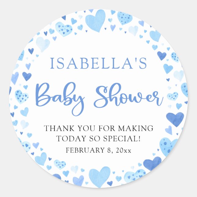 Blue Hearts Valentine Sweetheart Baby Shower Classic Round Sticker (Front)