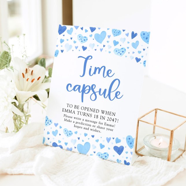 Blue Hearts Valentine Time Capsule Baby Shower Pedestal Sign (Creator Uploaded)