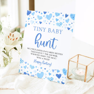 Blue Hearts Valentine Tiny Baby Hunt Shower Game Pedestal Sign