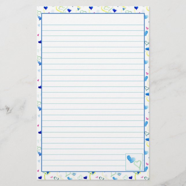 Blue Hearts Watercolor Lined Letter Writing Paper (Front)