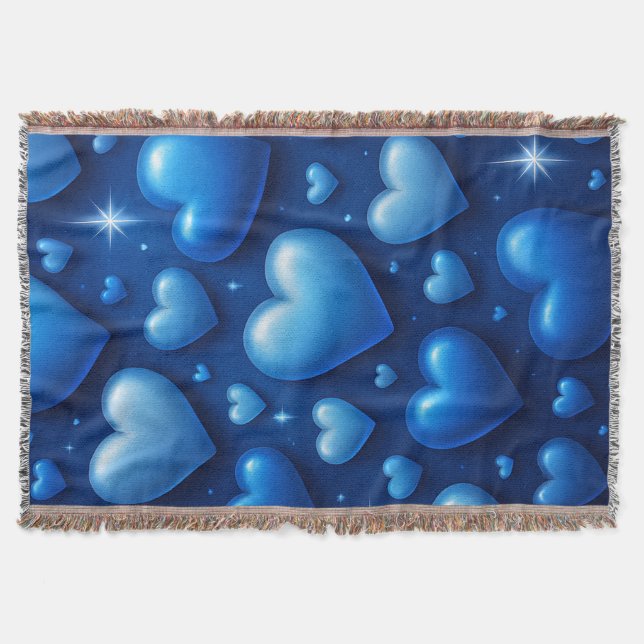 Blue Hearts with Stars Pattern Throw Blanket (Front)