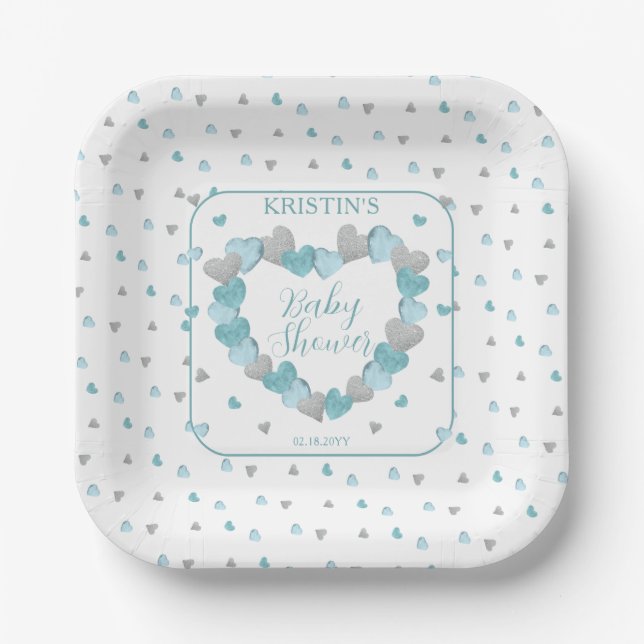 Blue Hearts Wreath A Little Sweetheart Baby Shower Paper Plate (Front)