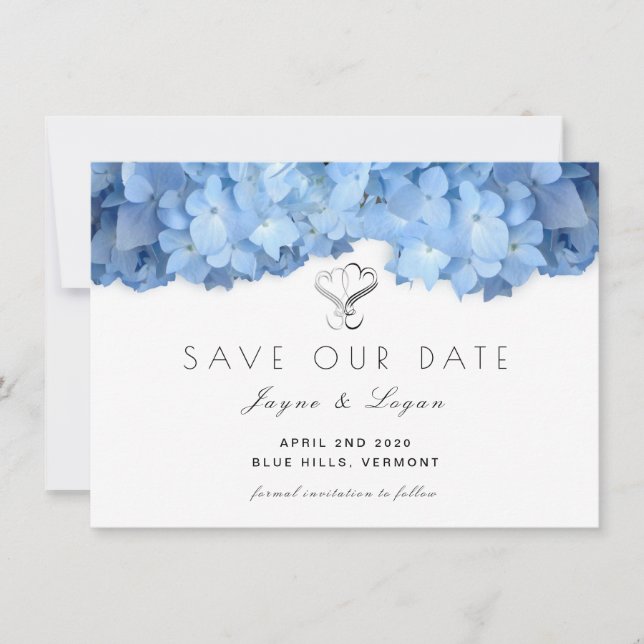 Blue Heaven Floral Save Our Date Hearts Card (Front)