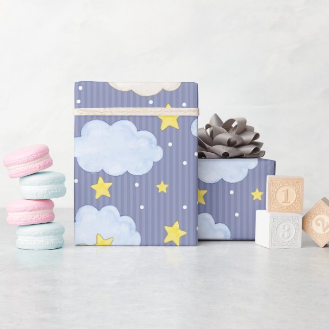  Blue Heavenly Stars And Clouds  Wrapping Paper (Baby Shower)