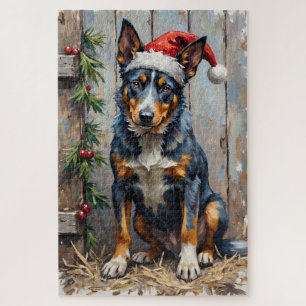 Blue Heeler Alertly Guarding Christmas Hay Hat Jigsaw Puzzle