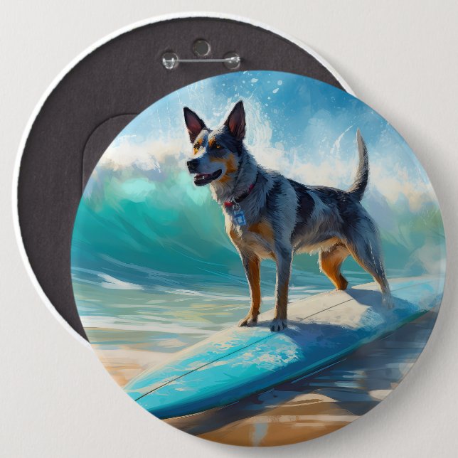 Blue Heeler Beach Surfing Painting  6 Cm Round Badge (Front & Back)