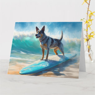 Blue Heeler Beach Surfing Painting Card