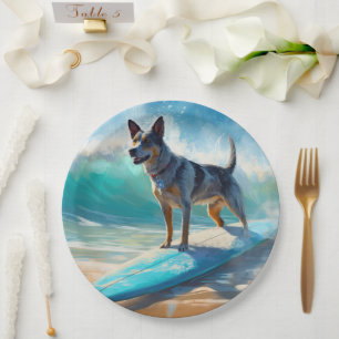 Blue Heeler Beach Surfing Painting Paper Plate