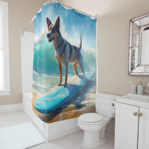 Blue Heeler Beach Surfing Painting  Shower Curtain