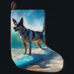 Blue Heeler Beach Surfing Painting  Small Christmas Stocking<br><div class="desc">Immerse yourself in the playful world of canine adventure with this captivating painting. A spirited dog takes to the waves, skilfully riding the surf on a sun-kissed beach. The vibrant artwork beautifully captures the essence of beachside excitement as the dog fearlessly rides the waves, embodying the spirit of fun and...</div>