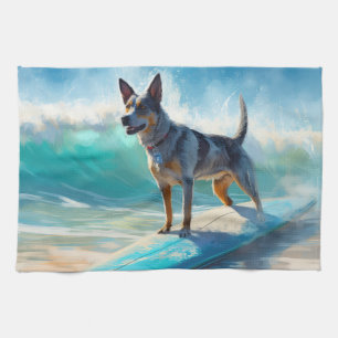 Blue Heeler Beach Surfing Painting  Tea Towel