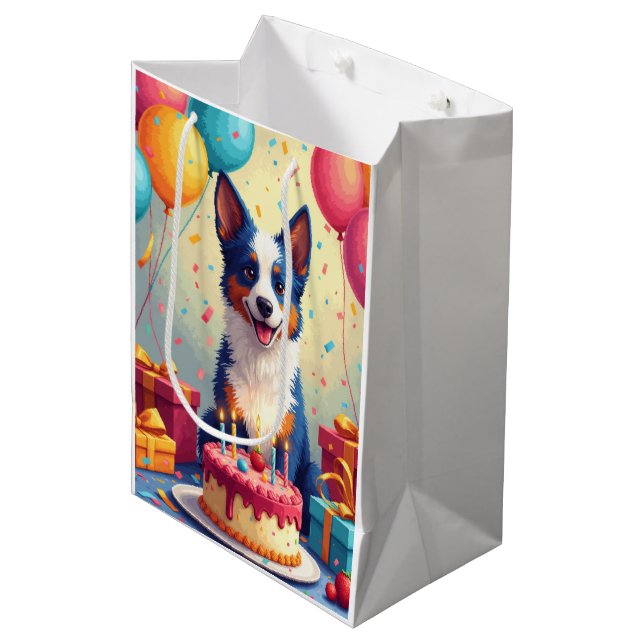 Blue Heeler Birthday Celebration Medium Gift Bag (Front Angled)