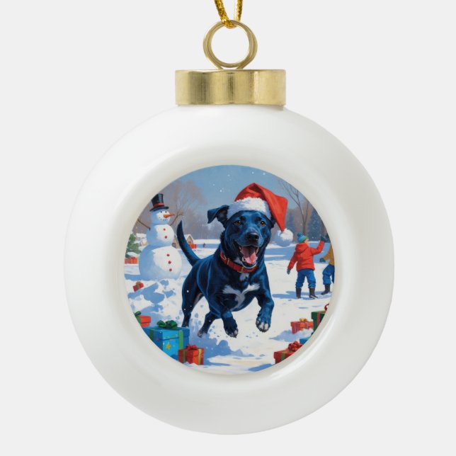 Blue Heeler Christmas Festive Snow Scene Ceramic Ball Christmas Ornament (Front)