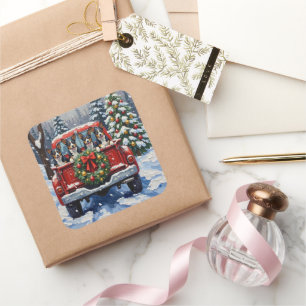 Blue Heeler Christmas Red Truck Holiday Square Sticker