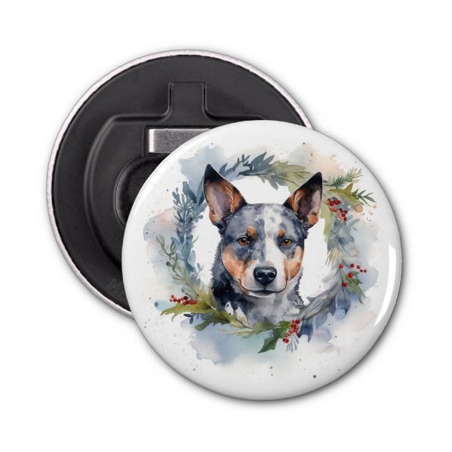Blue Heeler Christmas Wreath Festive Pup Bottle Opener (Front)