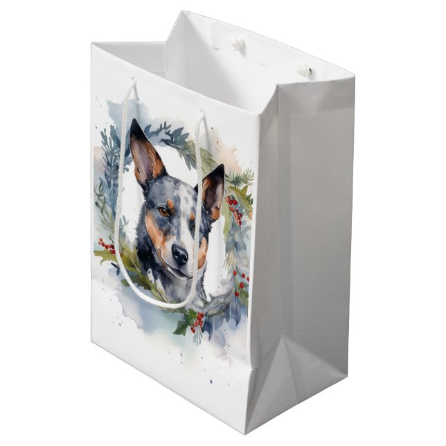 Blue Heeler Christmas Wreath Festive Pup Medium Gift Bag (Front Angled)