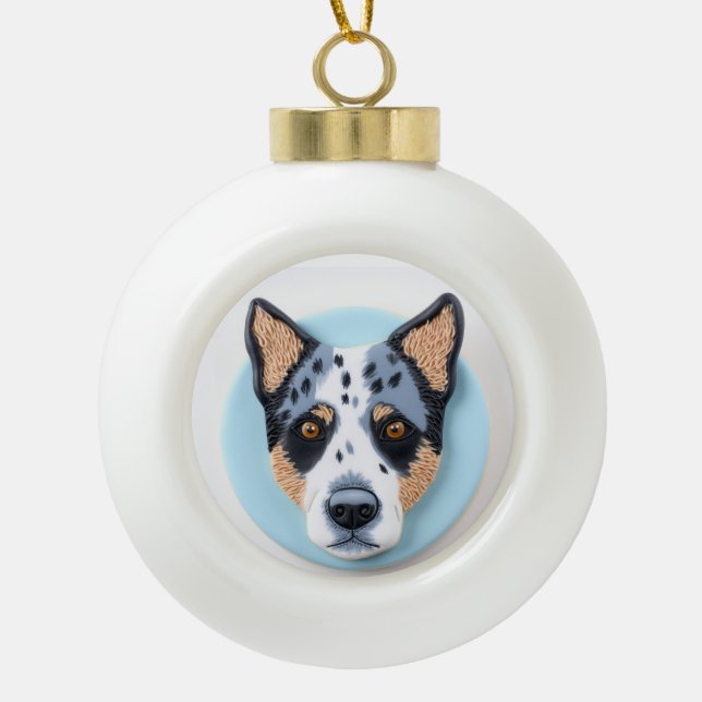 Blue Heeler Dog 3D Inspired Ceramic Ball Christmas Ornament (Front)