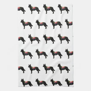 Blue Heeler Dog Breed Boho Floral Silhouette Tea Towel