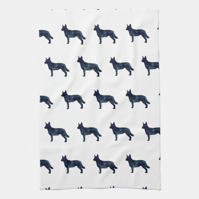 Blue Heeler Dog Breed Silhouette Black Watercolor Tea Towel (Vertical)