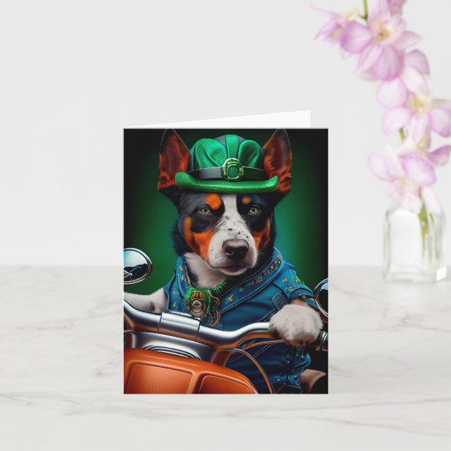 Blue Heeler Dog Driving Bike St. Patrick's Day Card (Orchid)