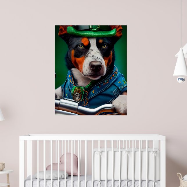 Blue Heeler Dog Driving Bike St. Patrick's Day Poster (Nursery 2)