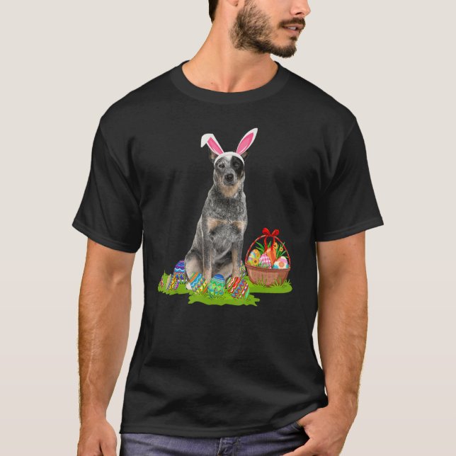 Blue Heeler Dog Easter Egg Hunting Bunny Blue Heel T-Shirt (Front)