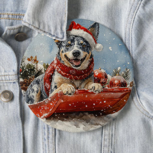 Blue Heeler Dog in Sledge Let it Snow Christmas 6 Cm Round Badge