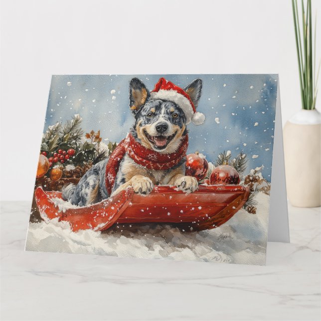Blue Heeler Dog in Sledge Let it Snow Christmas Card (Front)