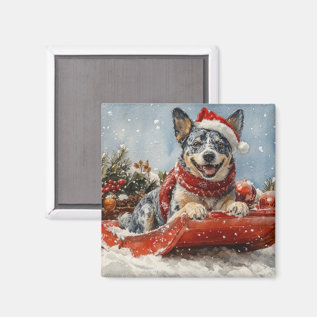 Blue Heeler Dog in Sledge Let it Snow Christmas Magnet (Front/Back)