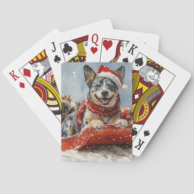 Blue Heeler Dog in Sledge Let it Snow Christmas Playing Cards (Back)