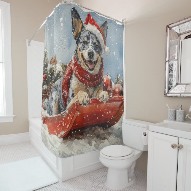 Blue Heeler Dog in Sledge Let it Snow Christmas Shower Curtain (In Situ)