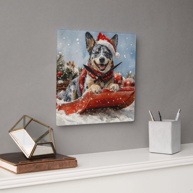 Blue Heeler Dog in Sledge Let it Snow Christmas Square Wall Clock (Office)