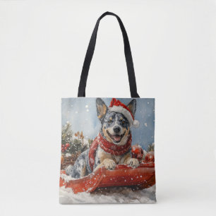 Blue Heeler Dog in Sledge Let it Snow Christmas Tote Bag