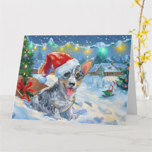 Blue Heeler Dog in Sleigh Snow Christmas Card
