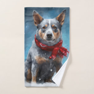 Blue Heeler Dog in Snow Christmas  Bath Towel Set