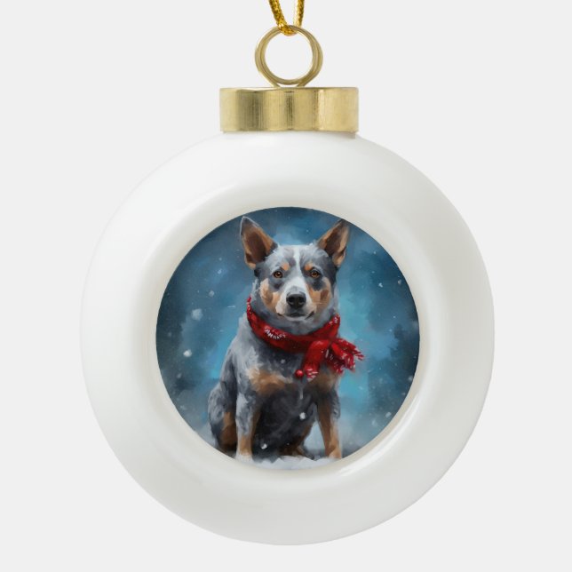 Blue Heeler Dog in Snow Christmas  Ceramic Ball Christmas Ornament (Front)