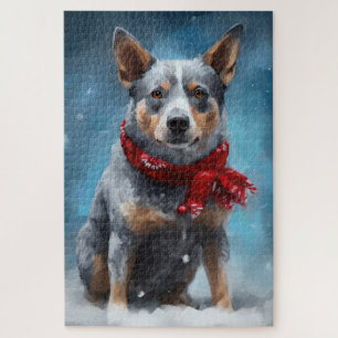 Blue Heeler Dog in Snow Christmas Jigsaw Puzzle