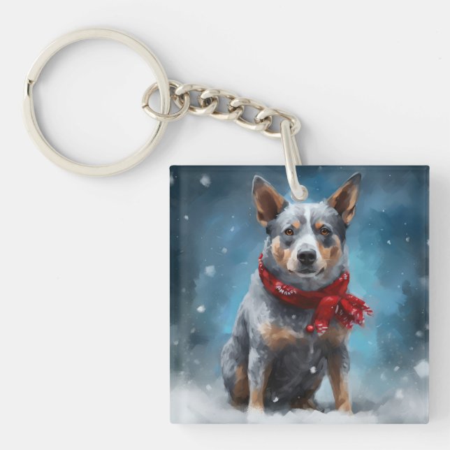 Blue Heeler Dog in Snow Christmas  Key Ring (Front)