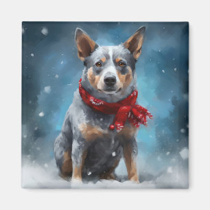 Blue Heeler Dog in Snow Christmas Magnet