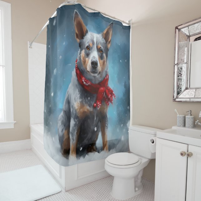 Blue Heeler Dog in Snow Christmas  Shower Curtain (In Situ)