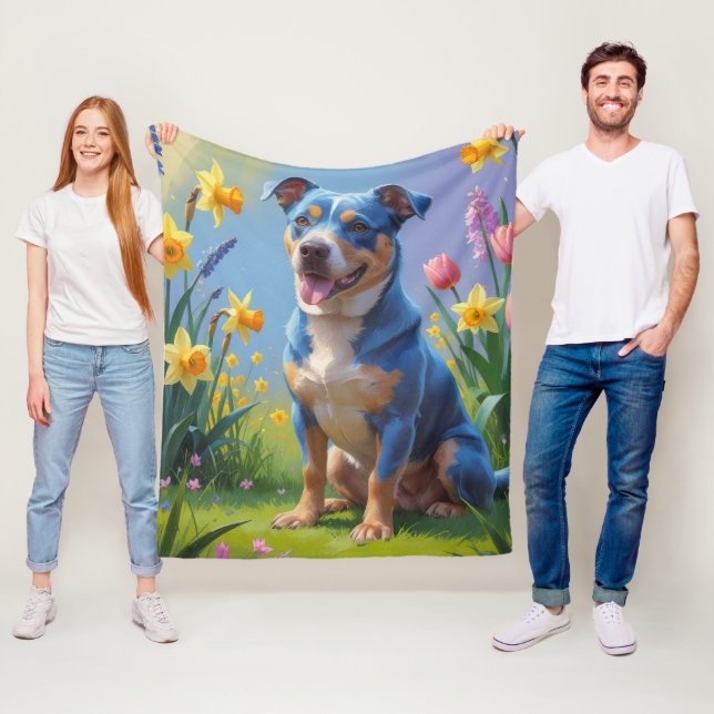Blue Heeler Dog Spring Flowers Painting  Fleece Blanket (In Situ)