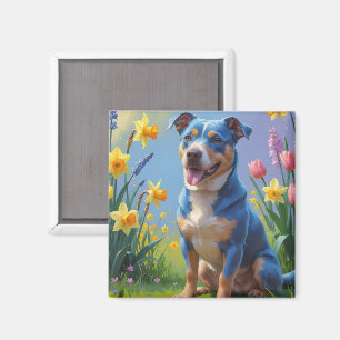 Blue Heeler Dog Spring Flowers Painting Magnet
